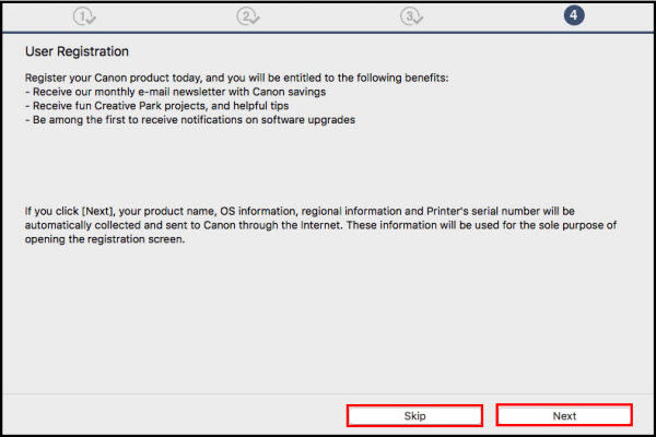 User Registration Screen with Skip and Next buttons shown selected.